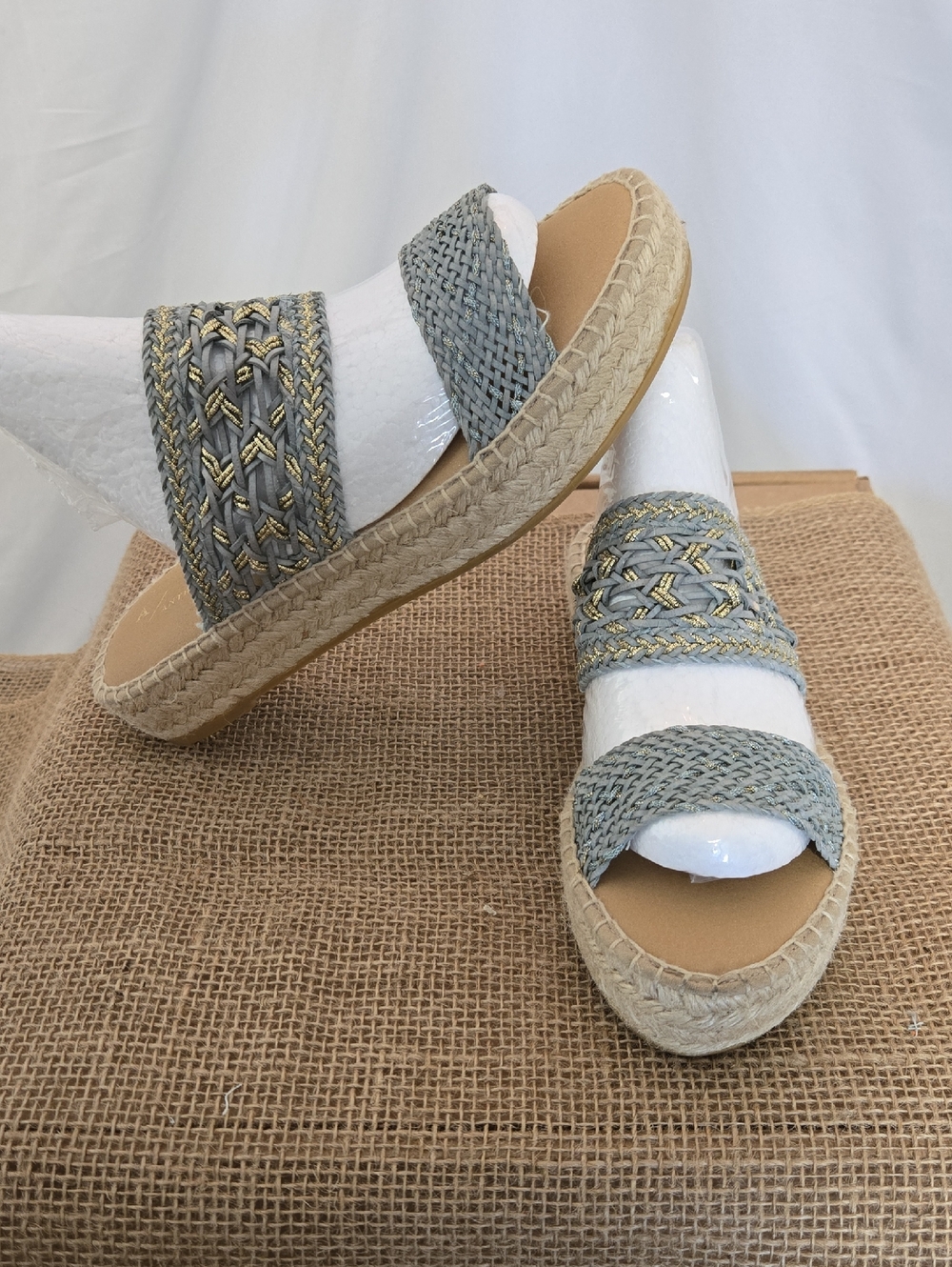 Anthropologie Braided Double-Band Espadrille Slides in Light Gray and Natural - Picture 3 of 6